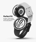 Galaxy Watch 4 44mm | Air Sports Black + Bezel Styling - Galaxy Watch 4 44mm - Black smartwatch with white strap and silver tachymeter bezel styling shown from front and back.