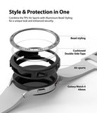 Galaxy Watch 4 44mm | Air Sports Black + Bezel Styling - Exploded view of watch components, bezel, and protective case.