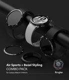 Galaxy Watch 4 44mm | Air Sports Black + Bezel Styling - Three smartwatches with black bezel covers on a dark background.