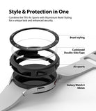 Galaxy Watch 4 44mm | Air Sports Black + Bezel Styling - Exploded view of watch case, tape, and bezel accessories.
