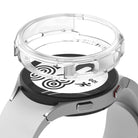 Galaxy Watch 4 (44mm) Case | Air Sports - A clear protective case hovering above a silver Galaxy Watch 4 with a white band.