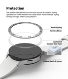 Galaxy Watch 5/4 44mm | Bezel Styling - Exploded view showing a silver watch bezel, adhesive ring, and Galaxy Watch 4.