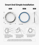Galaxy Watch 5/4 44mm | Bezel Styling - Three-step installation guide for a watch bezel ring with front, back, and side views.