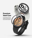 Galaxy Watch 5/4 44mm | Bezel Styling - Two smartwatches with a metallic bezel ring hovering above the black watch face.