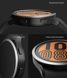 Galaxy Watch 5/4 44mm | Bezel Styling - Close-up of a smartwatch showing a raised screen bezel, tailored button cutouts, and engraved patterns.