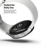 Galaxy Watch 5/4 44mm | Bezel Styling - Close-up of a silver smartwatch back with a white band, highlighting protective design.