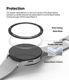 Galaxy Watch 5/4 44mm | Bezel Styling - Exploded view showing matte black bezel, adhesive tape, and Galaxy Watch 4.