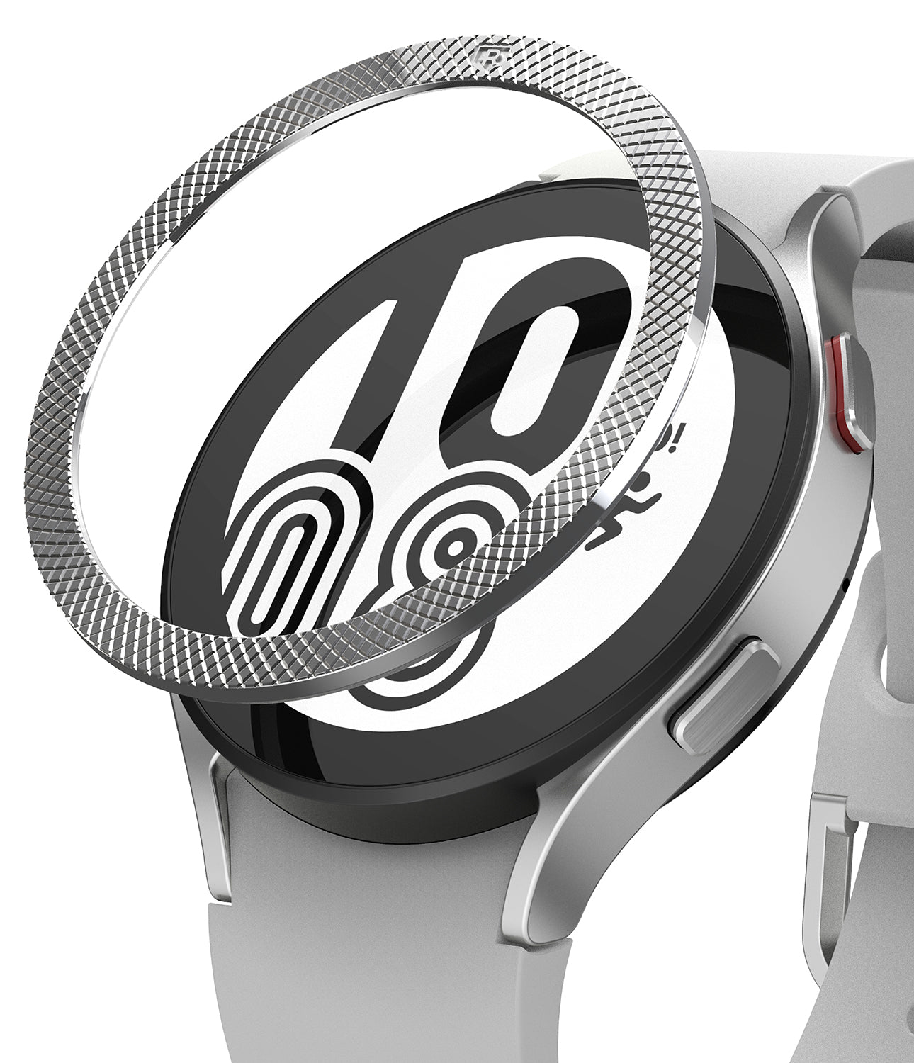 Galaxy Watch 5 / 4 (44mm) | Premium Bezel Styling - A silver textured bezel ring hovering above a Galaxy smartwatch.