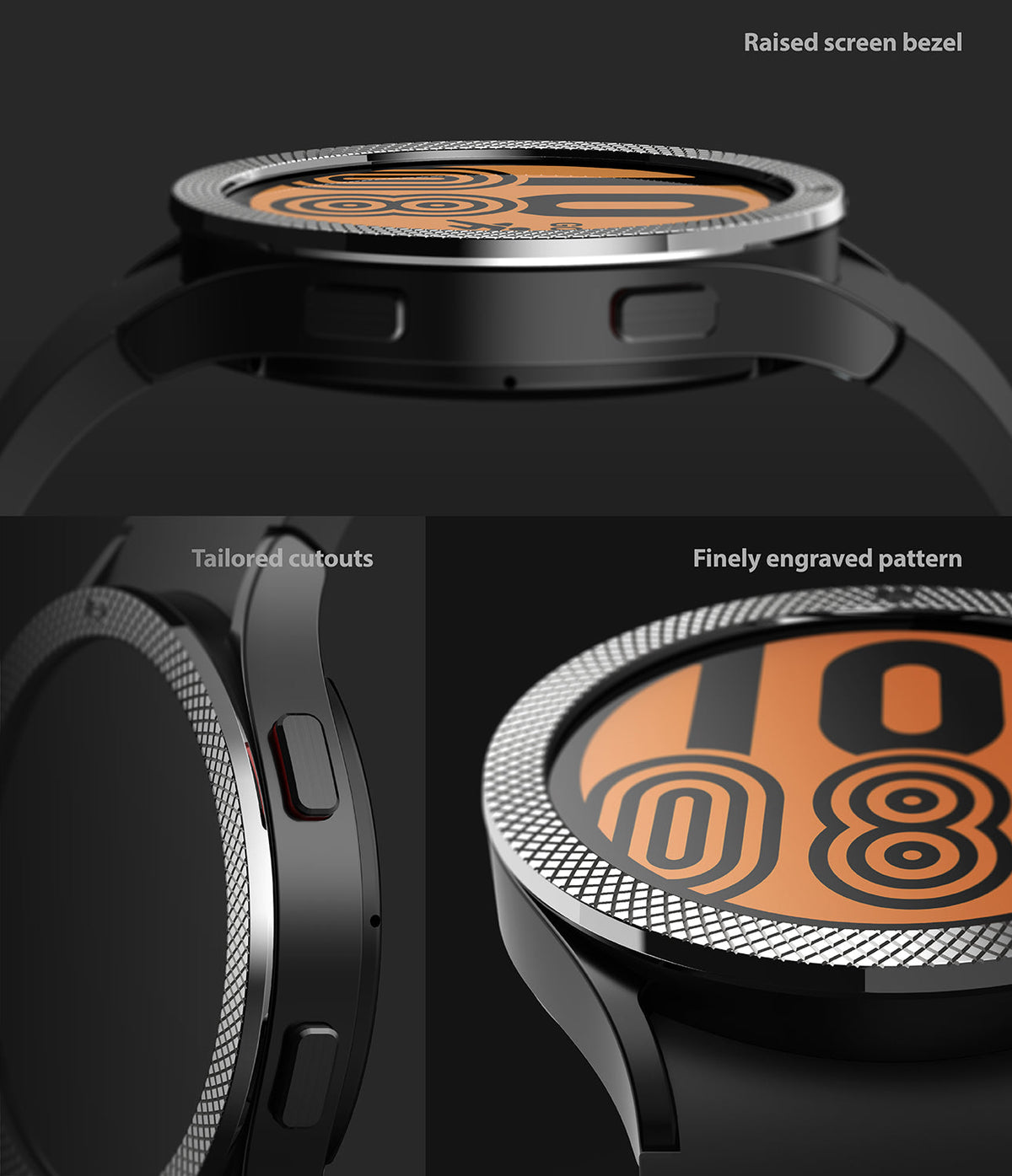 Galaxy Watch 5 / 4 (44mm) | Premium Bezel Styling - Close-up of a smartwatch with a raised, finely engraved metal bezel.