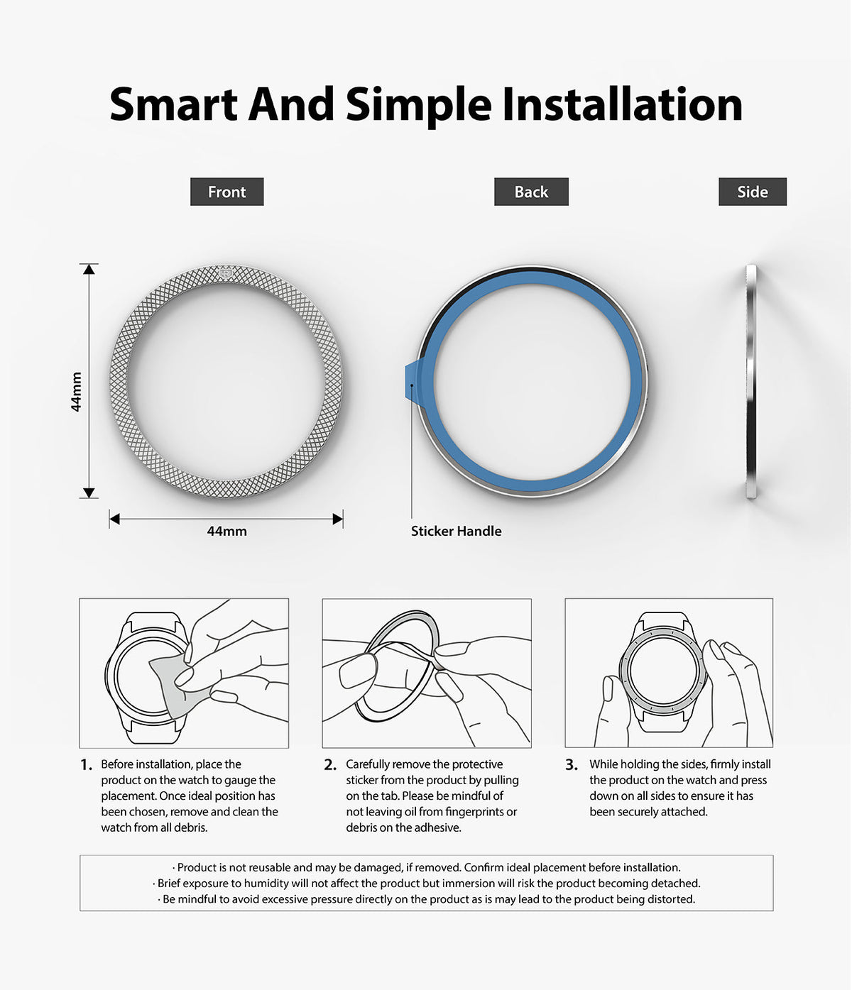 Galaxy Watch 5 / 4 (44mm) | Premium Bezel Styling - Installation guide showing front, back, and side views of the bezel ring.