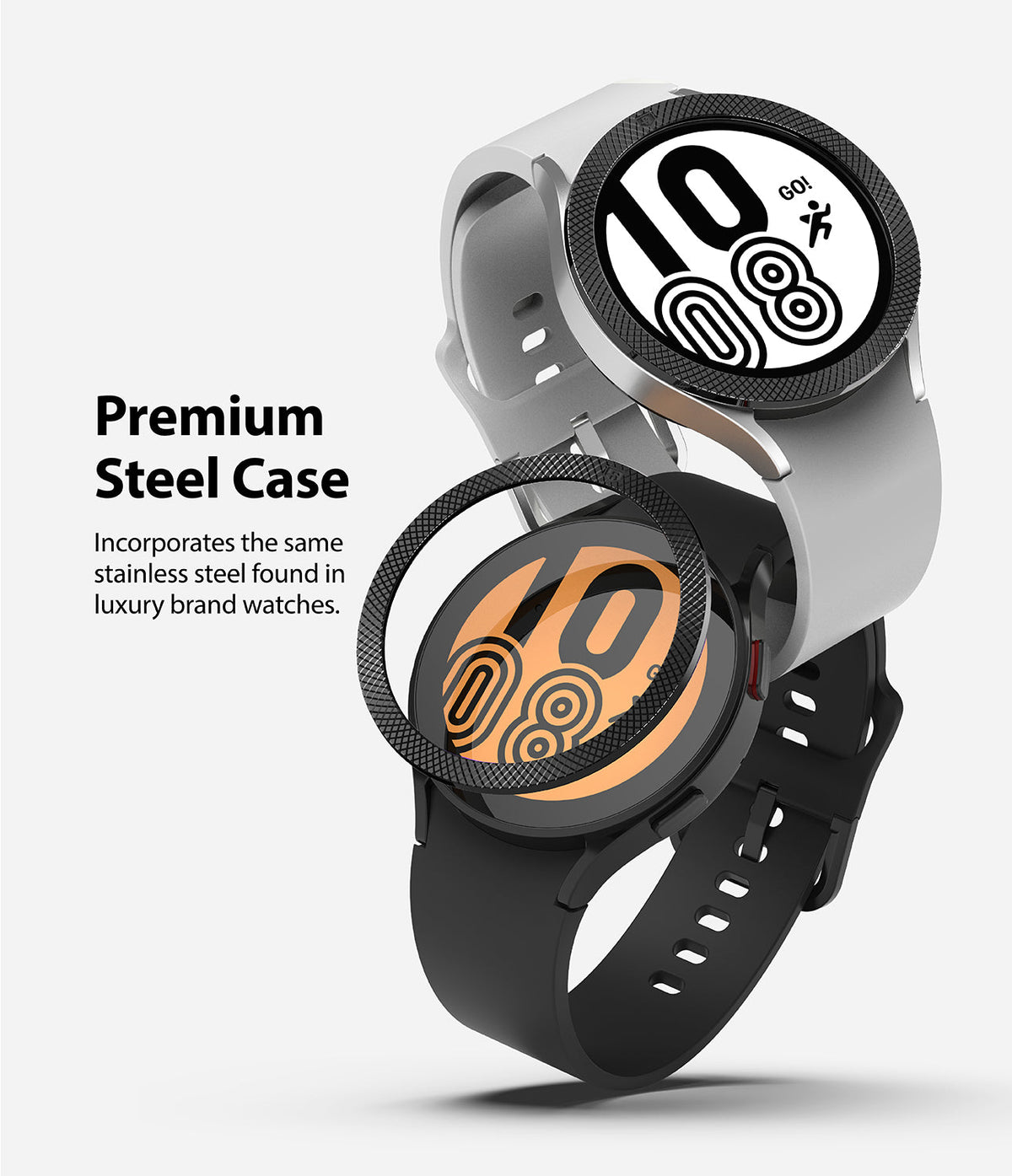 Galaxy Watch 5 / 4 (44mm) | Premium Bezel Styling - Two Galaxy watches with textured black stainless steel bezels.