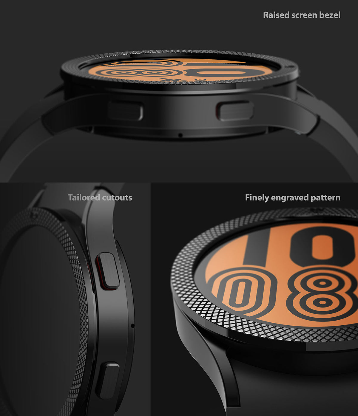 Galaxy Watch 5 / 4 (44mm) | Premium Bezel Styling - Close-up of a black watch bezel featuring engraved patterns and cutouts.