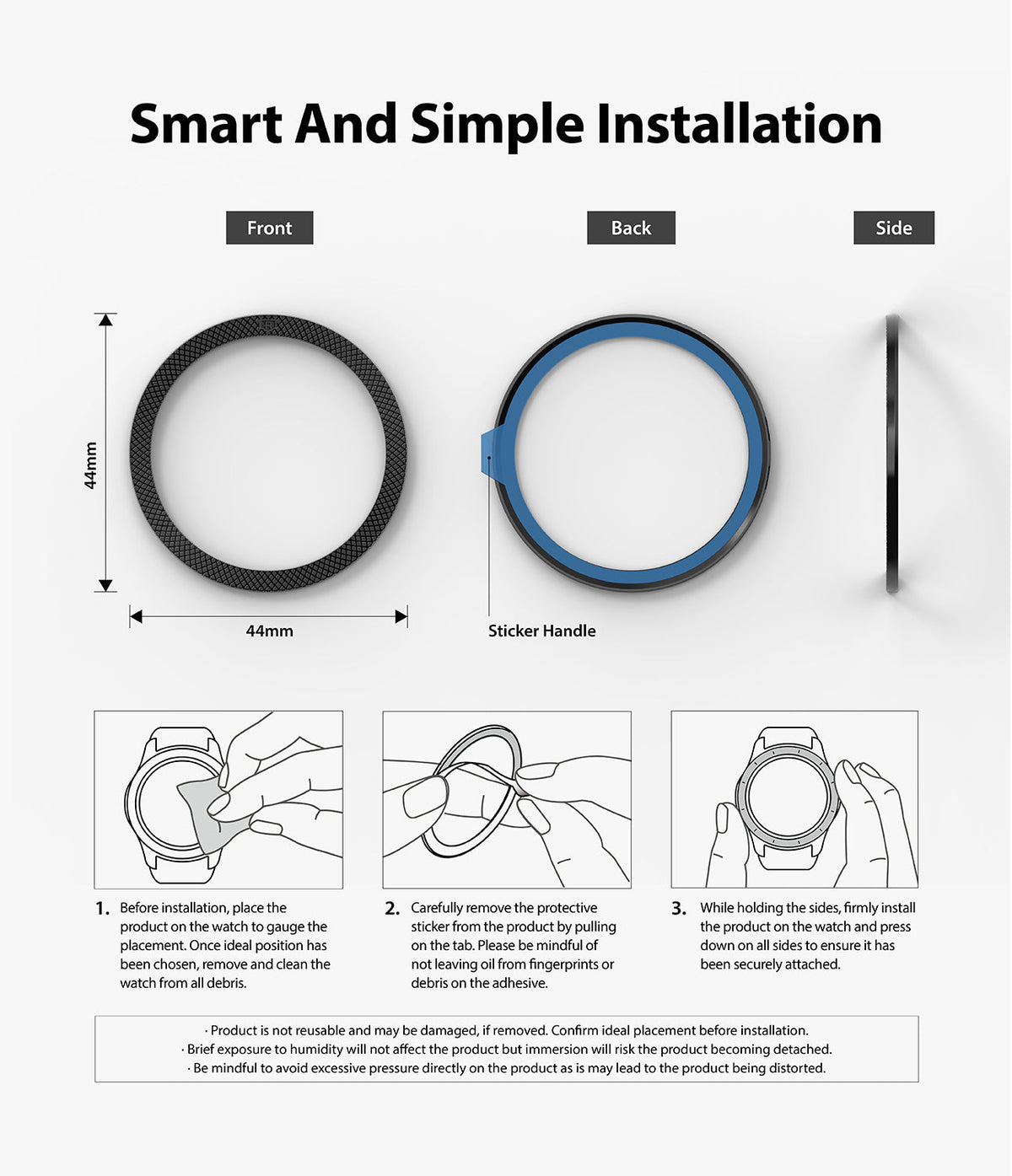 Galaxy Watch 5 / 4 (44mm) | Premium Bezel Styling - Three-step installation guide for a 44mm watch bezel adhesive ring.