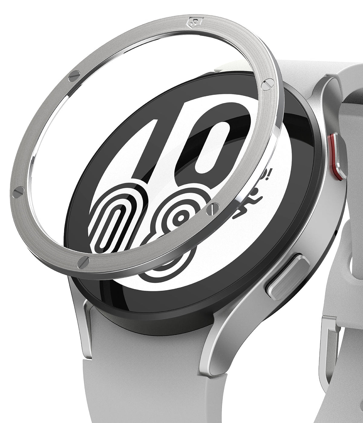 Galaxy Watch 5 / 4 (44mm) | Premium Bezel Styling - A metallic bezel ring hovering above a silver smartwatch face.