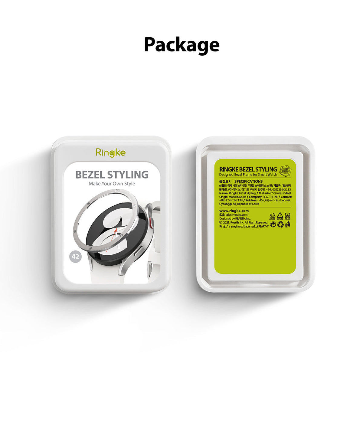 Galaxy Watch 5 / 4 (44mm) | Premium Bezel Styling - Front and back view of Ringke bezel styling packaging for smartwatches.