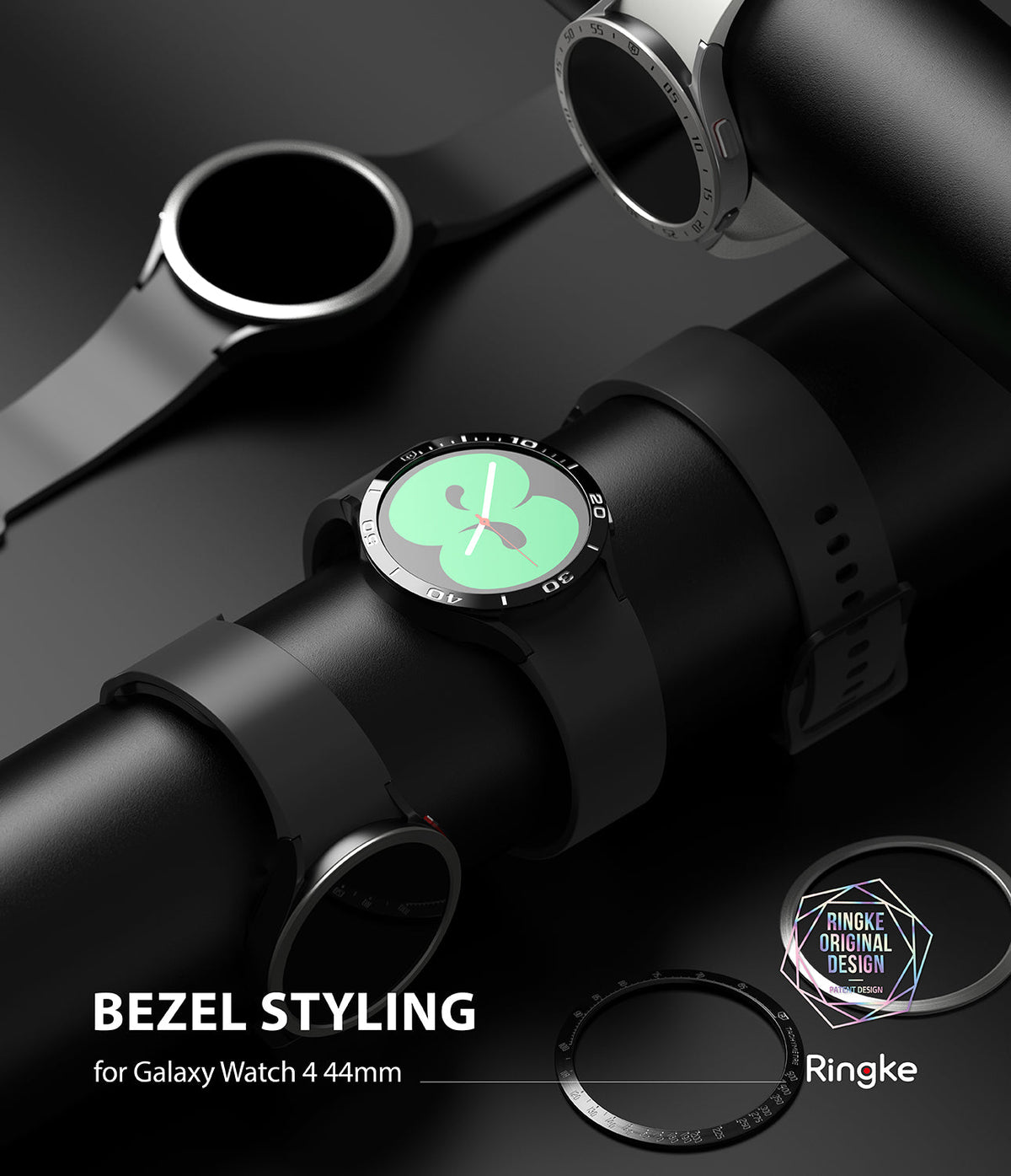 Galaxy Watch 5 / 4 (44mm) | Premium Bezel Styling - Black smartwatches with metallic bezel rings on a display stand.