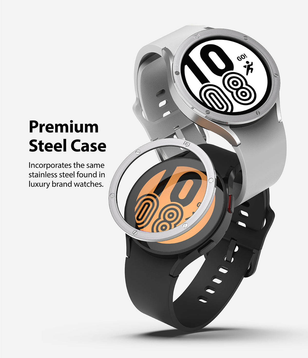 Galaxy Watch 5 / 4 (44mm) | Premium Bezel Styling - Two smartwatches with stainless steel bezel covers on a white background.