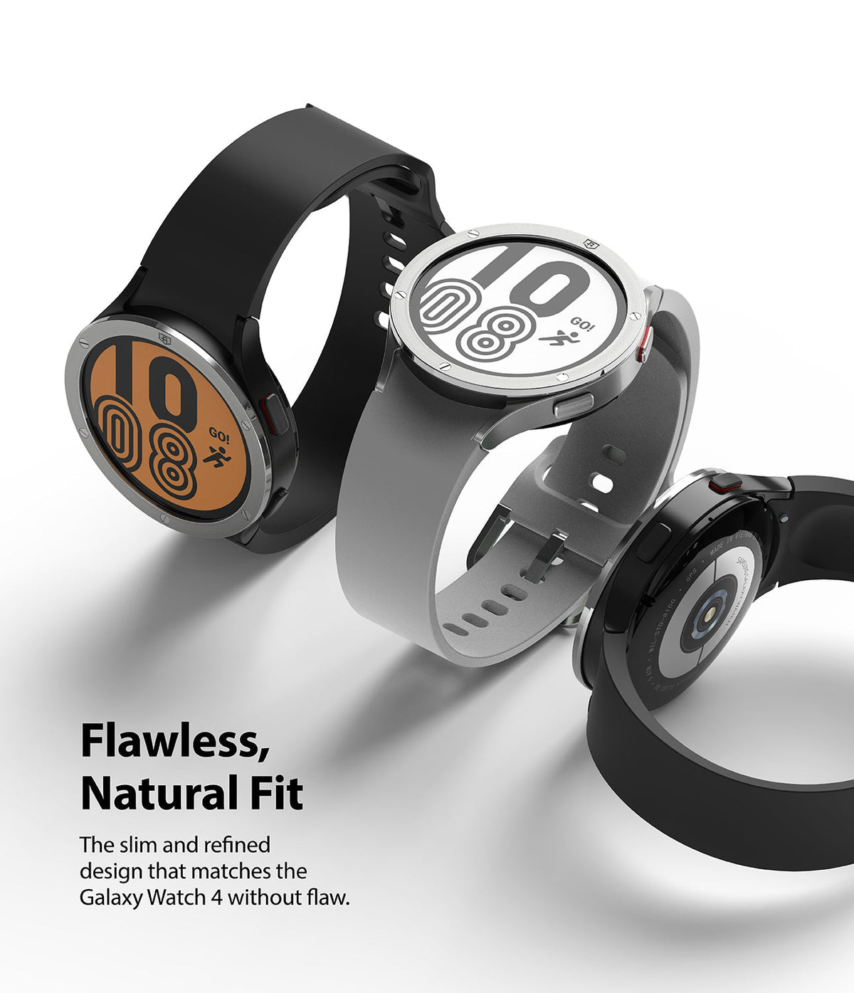 Galaxy Watch 5 / 4 (44mm) | Premium Bezel Styling - Three Galaxy Watches with metallic bezel covers on white background.