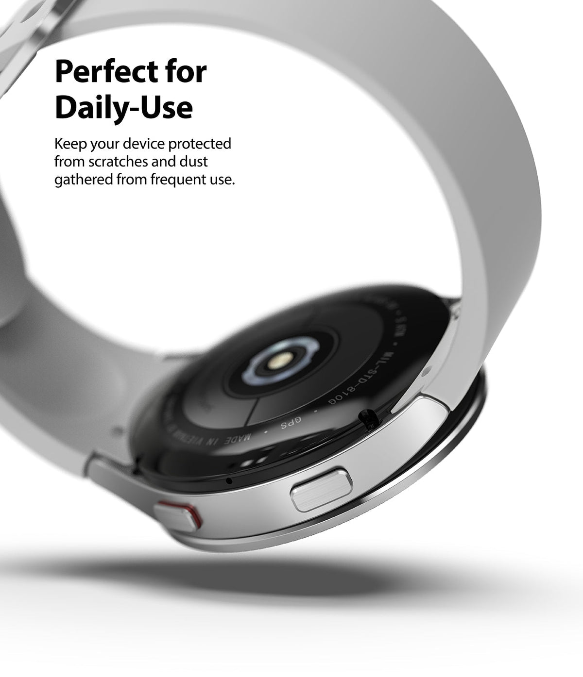Galaxy Watch 5 / 4 (44mm) | Premium Bezel Styling - Silver bezel ring on a Galaxy Watch with text about daily protection.