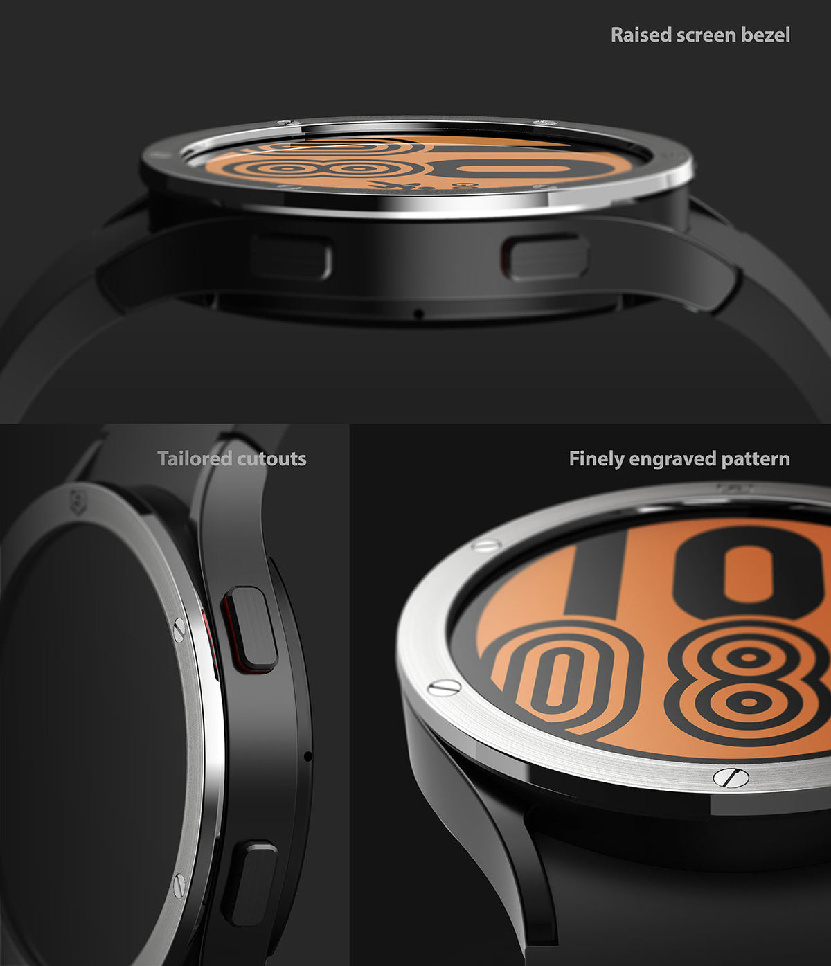 Galaxy Watch 5 / 4 (44mm) | Premium Bezel Styling - Close-up views of a metallic watch bezel with engravings and cutouts.