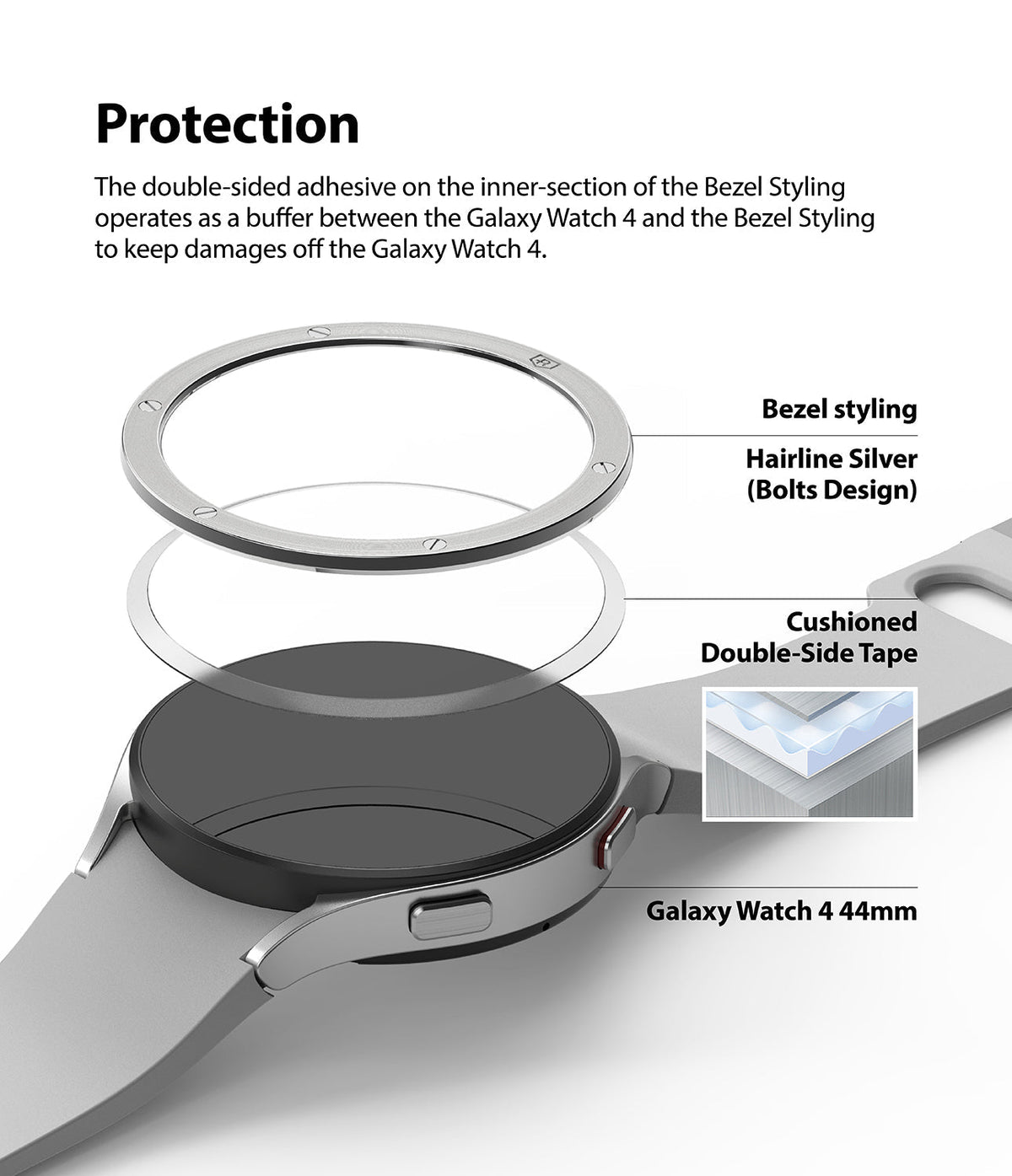 Galaxy Watch 5 / 4 (44mm) | Premium Bezel Styling - Galaxy Watch 5 / 4 (44mm) | Exploded view showing a silver bezel ring, adhesive tape, and a Galaxy Watch 4.