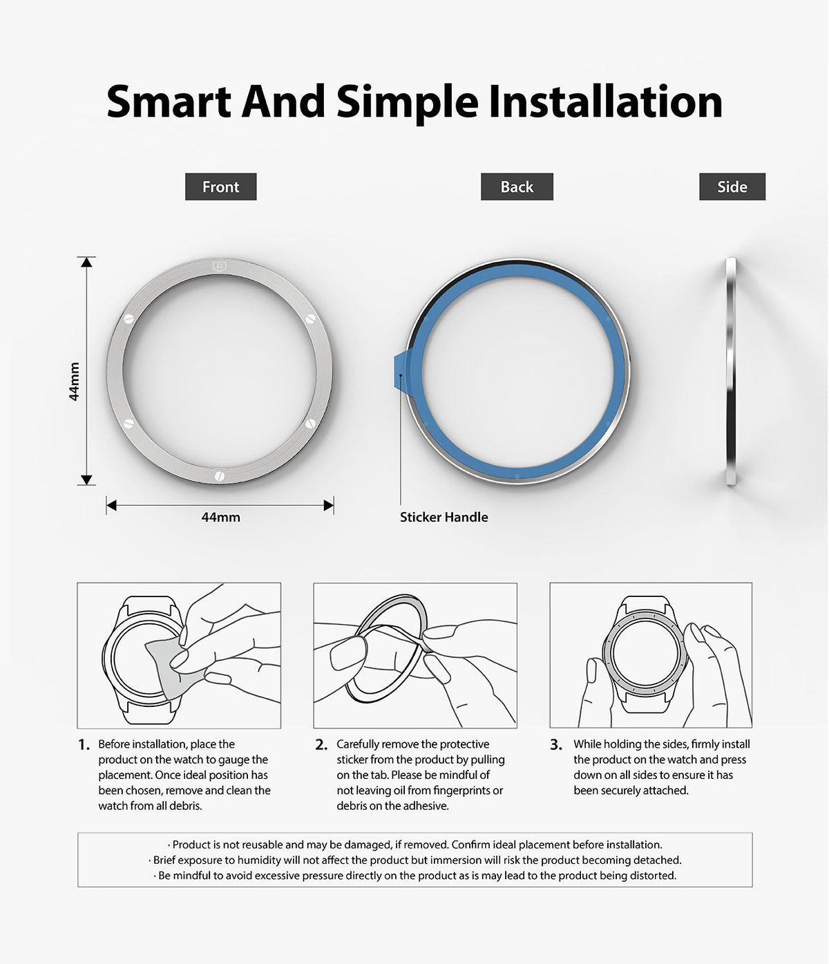 Galaxy Watch 5 / 4 (44mm) | Premium Bezel Styling - Installation guide showing bezel views and three-step application process.