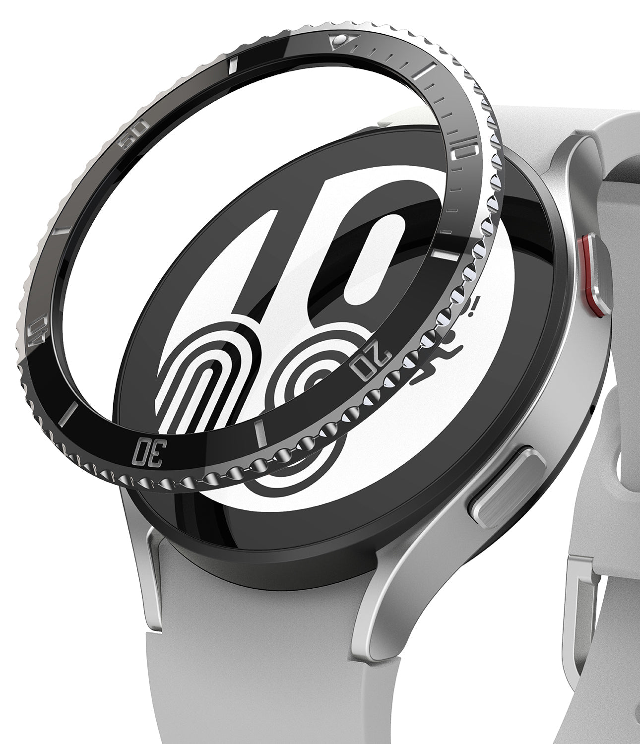 Galaxy Watch 5 / 4 (44mm) | Premium Bezel Styling - A black adhesive bezel ring hovering above a silver Galaxy Watch.