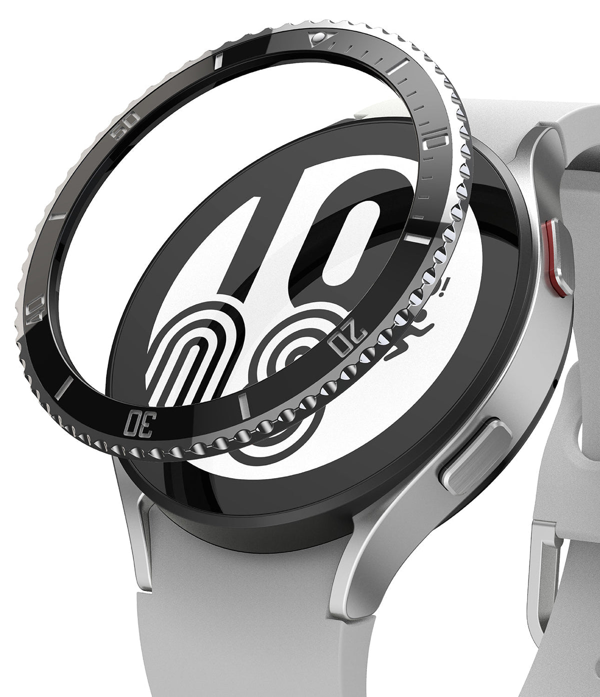 Galaxy Watch 5 / 4 (44mm) | Premium Bezel Styling - A black adhesive bezel ring hovering above a silver Galaxy Watch.