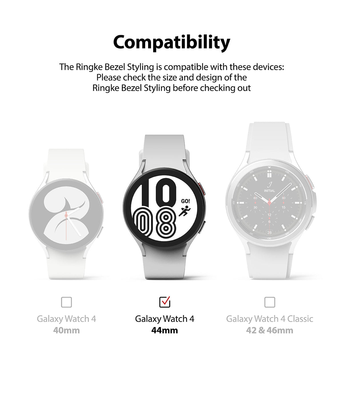 Galaxy Watch 5 / 4 (44mm) | Premium Bezel Styling - Compatibility chart showing Galaxy Watch 4 44mm as the selected model.