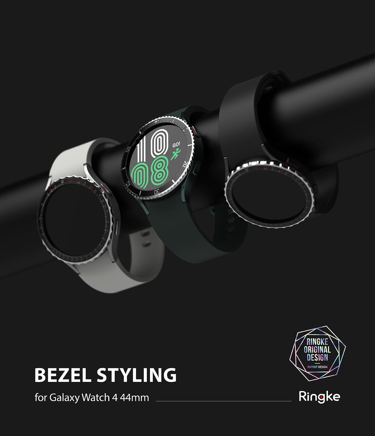 Galaxy Watch 5 / 4 (44mm) | Premium Bezel Styling - Three smartwatches with metallic bezel covers displayed on a black bar.