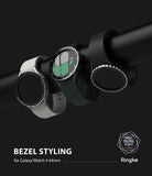 Galaxy Watch 5 / 4 (44mm) | Premium Bezel Styling - Three smartwatches with metallic bezel covers displayed on a black bar.