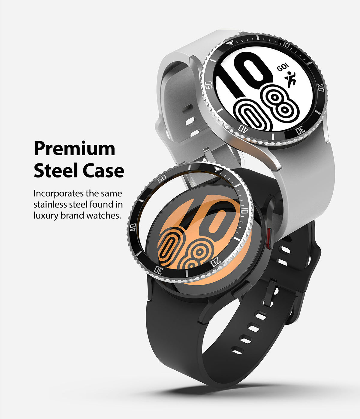 Galaxy Watch 5 / 4 (44mm) | Premium Bezel Styling - Two smartwatches with stainless steel bezel rings stacked vertically.