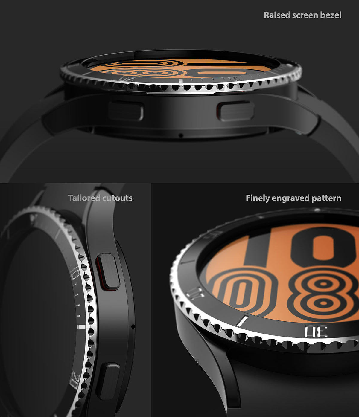 Galaxy Watch 5 / 4 (44mm) | Premium Bezel Styling - Close-up views of a metallic watch bezel with engraved markings.