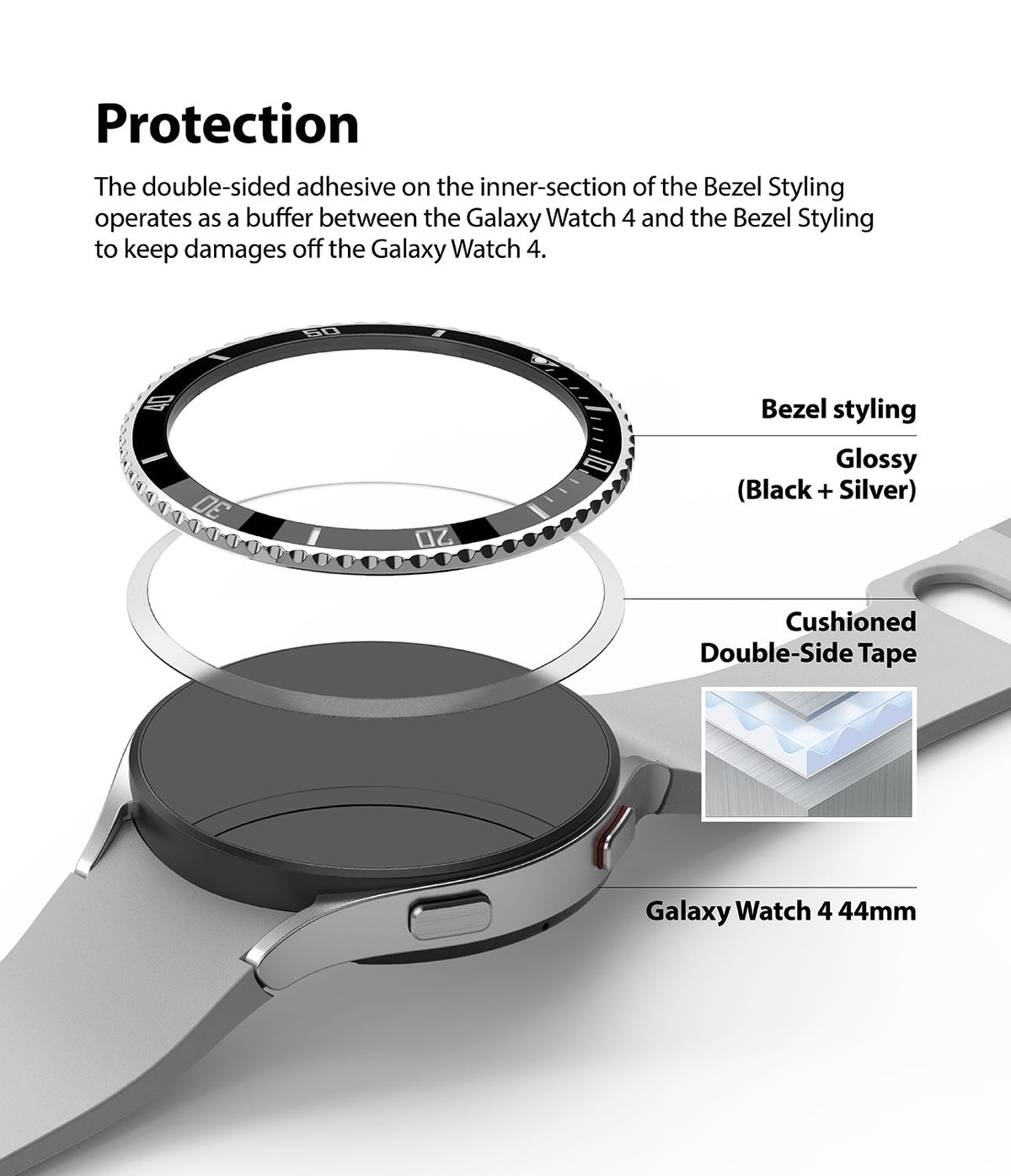 Galaxy Watch 5 / 4 (44mm) | Premium Bezel Styling - Exploded view showing bezel, adhesive ring, and Galaxy Watch 4.