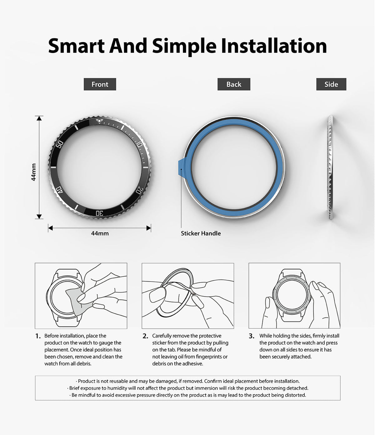 Galaxy Watch 5 / 4 (44mm) | Premium Bezel Styling - Installation guide showing bezel views and three-step application.