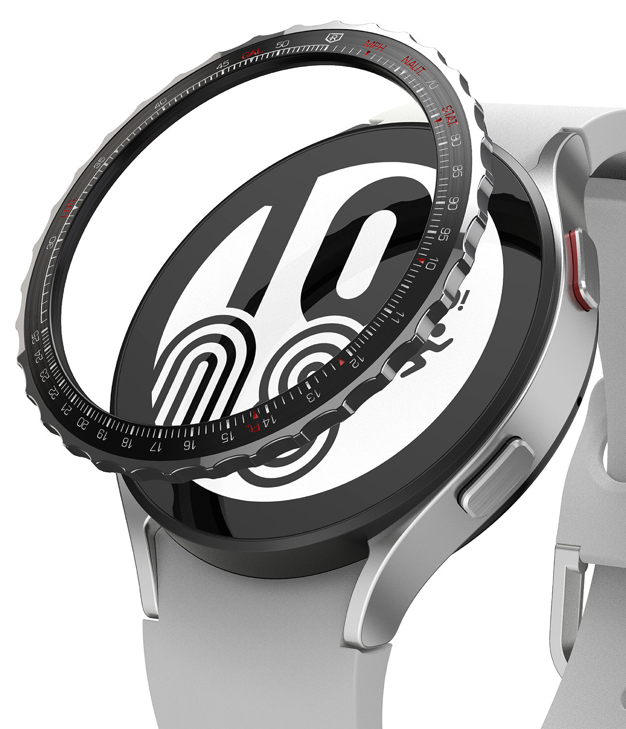 Galaxy Watch 5 / 4 (44mm) | Premium Bezel Styling - A metallic, notched bezel ring hovering above a silver smartwatch.