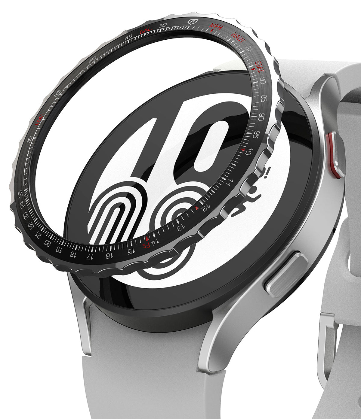 Galaxy Watch 5 / 4 (44mm) | Premium Bezel Styling - A metallic, notched bezel ring hovering above a silver smartwatch.
