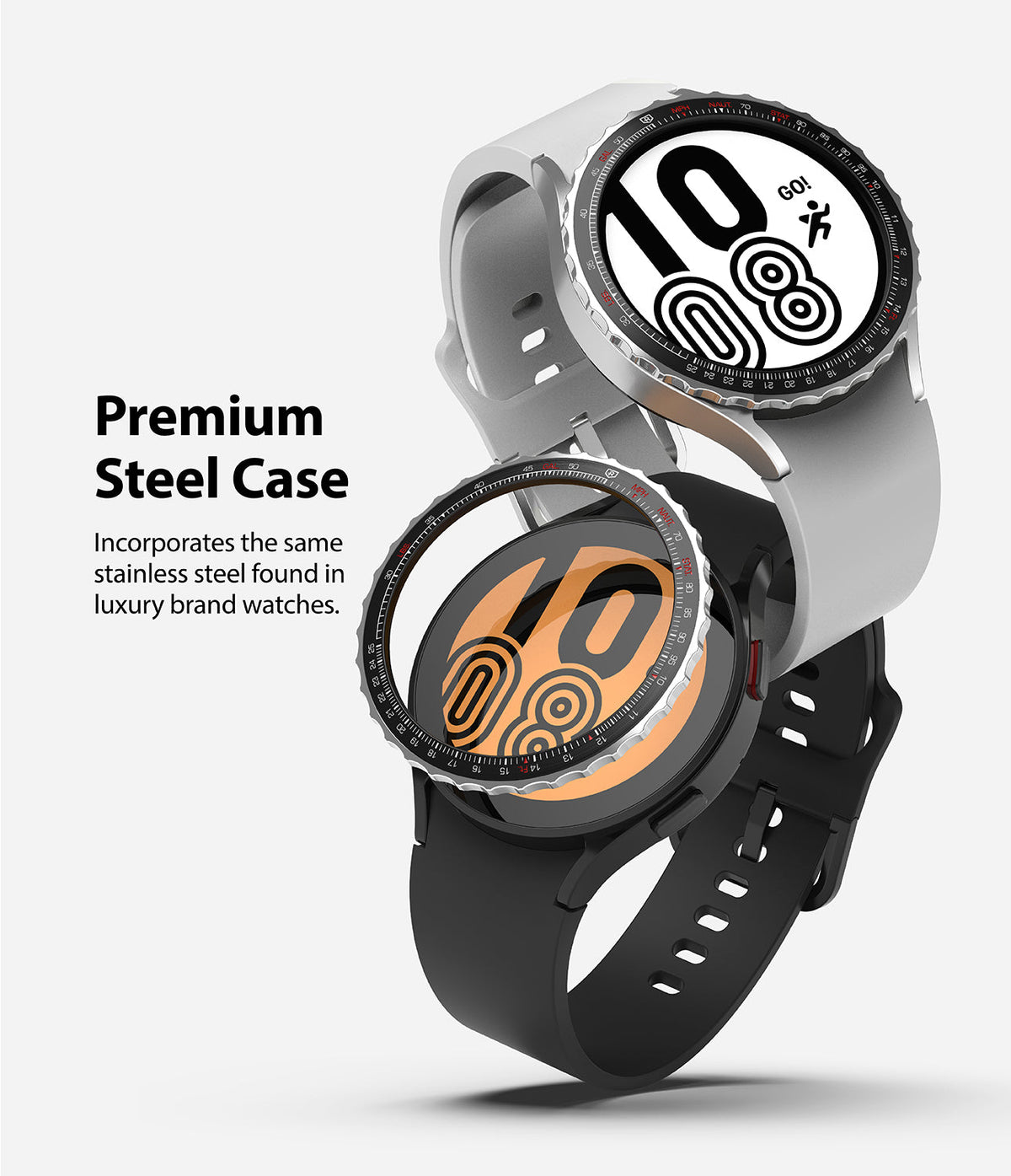 Galaxy Watch 5 / 4 (44mm) | Premium Bezel Styling - Two Galaxy watches with stainless steel bezel covers attached.
