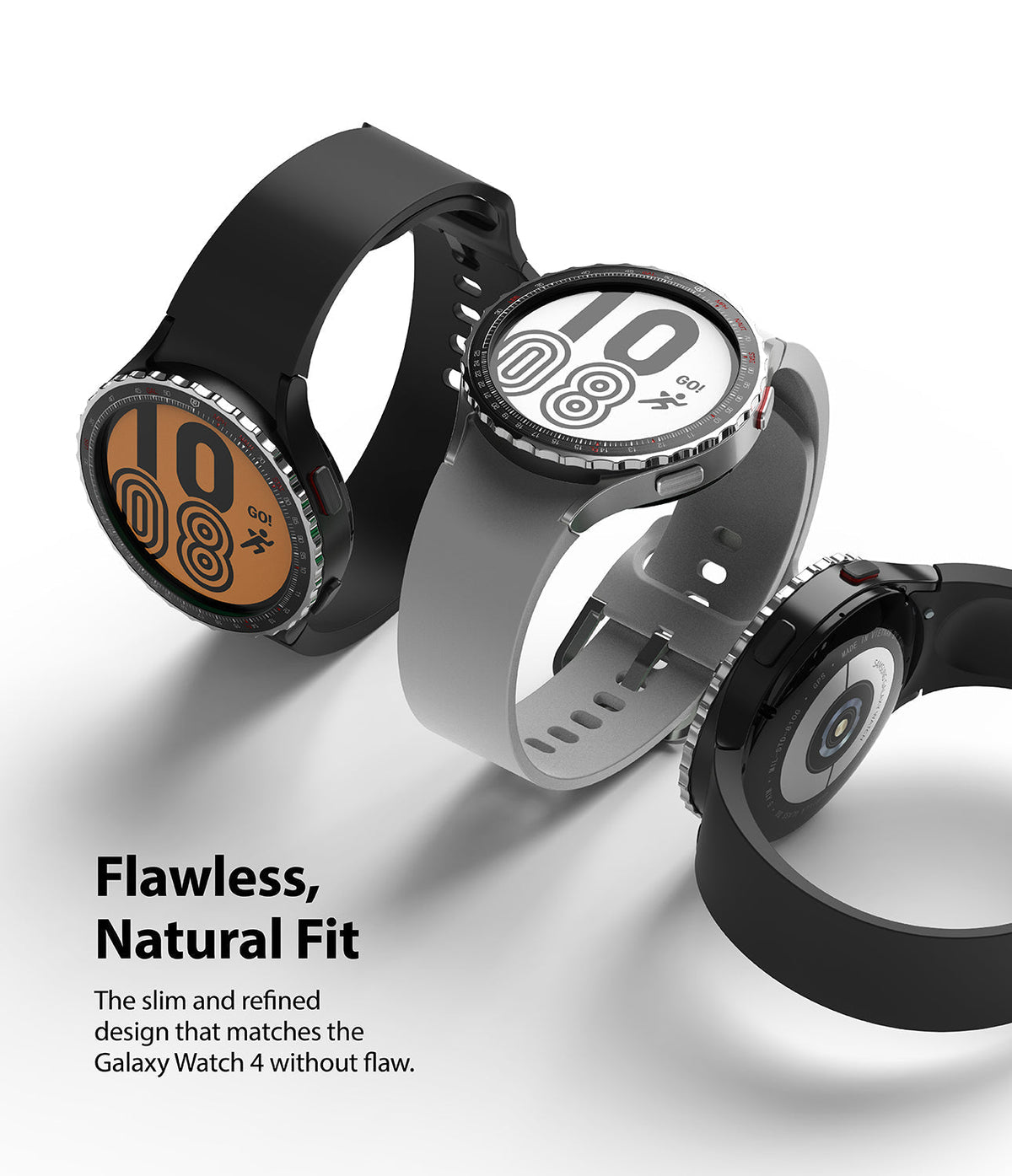 Galaxy Watch 5 / 4 (44mm) | Premium Bezel Styling - Three smartwatches with metallic bezels and silicone bands on white.