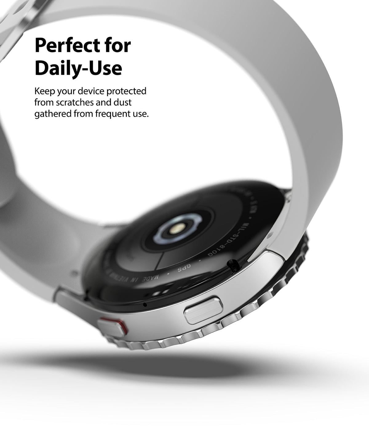 Galaxy Watch 5 / 4 (44mm) | Premium Bezel Styling - Silver smartwatch with a protective metal bezel ring and white strap.