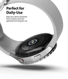 Galaxy Watch 5 / 4 (44mm) | Premium Bezel Styling - Silver smartwatch with a protective metal bezel ring and white strap.