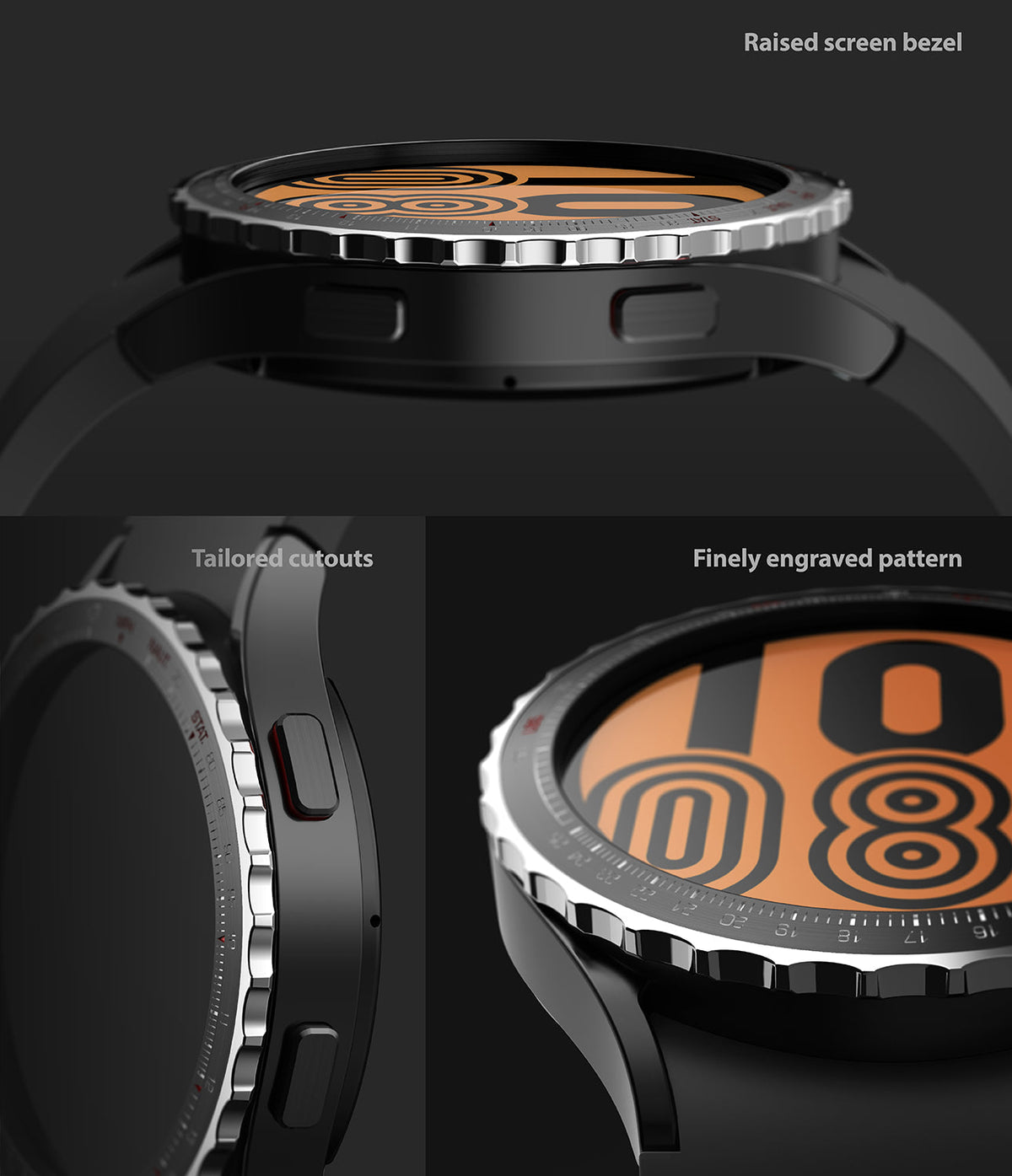 Galaxy Watch 5 / 4 (44mm) | Premium Bezel Styling - Close-up of a silver, engraved watch bezel with tailored cutouts.