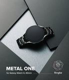 Galaxy Watch 6 / 5 / 4 (40mm) | Metal One Band - Black metal watch on a brushed silver and dark geometric background.