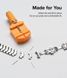 Galaxy Watch 6 / 5 / 4 (40mm) | Metal One Band - Orange watch band adjustment tool with detached metal links and pins.