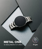 Galaxy Watch 6 / 5 / 4 (44mm) | Metal One Band - Silver metal watch band on a Galaxy Watch against a geometric background.