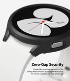 Galaxy Watch 4 40mm Case | Slim - Close-up of a black protective case on a white Galaxy Watch 4 with Zero-Gap Security text.
