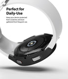 Galaxy Watch 4 40mm Case | Slim - Black protective case on a Galaxy Watch 4 with a white band, showing buttons and sensors.