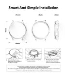 Galaxy Watch 4 40mm Case | Slim - Technical diagram showing dimensions and three-step installation guide for a clear watch case.