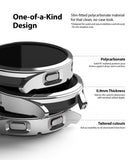 Galaxy Watch 4 40mm Case | Slim - Stacked silver watch cases highlighting polycarbonate material, 0.9mm thickness, and cutouts.