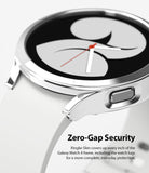 Galaxy Watch 4 40mm Case | Slim - Close-up of a silver protective case on a white Galaxy Watch 4 with zero-gap coverage.